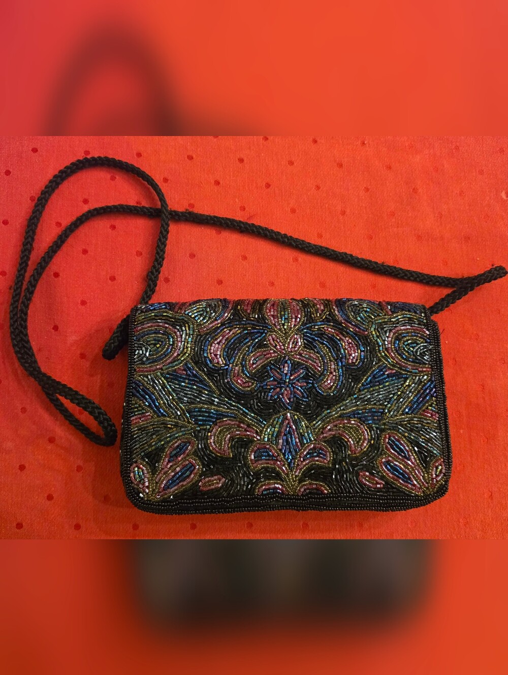 Stunning Vintage Black Beaded Multicolor Embroidered Evening Clutch